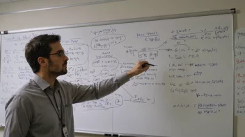 Et bilde av en person som står foran en tavle fylt med ligninger og diagrammer, som representerer en metodiker.