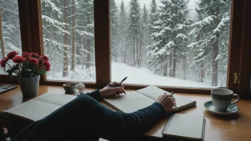 En fredelig og rolig scene av en person som skriver i en dagbok, omgitt av naturens skjønnhet.