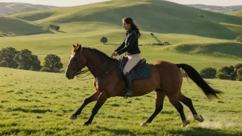 En person som rider en hest i et vakkert landskap.