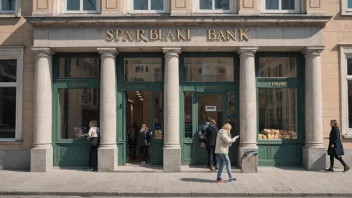 En sparbank-bygning med mennesker som setter inn og tar ut penger.