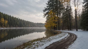 Et temperert klima landskap med rullende åser, grønne skoger og en tåkete atmosfære.