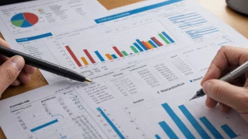 En finansrapport med grafer og diagram, som analyseres av en person i bakgrunnen.