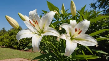 En hvit liljeblomst i full blomst, omgitt av frodige grønne blader og mot en klar blå himmel