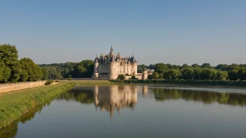 Elven Loire renner gjennom det franske landskapet, omgitt av frodig grønne omgivelser og et storslått slott i bakgrunnen.