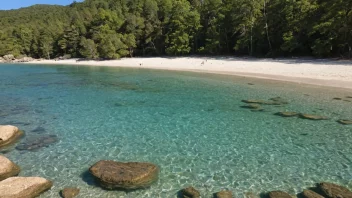 Et fredelig og innbydende svømmeområde med rolige vann og et malerisk landskap.