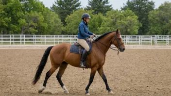 En person som rider en hest i en treningsarena, med en instruktør som står i nærheten.