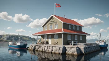 Et bilde av en fiskeadministrasjonsbygning med en skilt som leser 'Fiskeadministrasjon' på norsk.