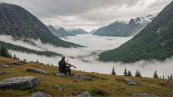 En fredelig scene av en musiker som spiller i fjellet, omgitt av natur.