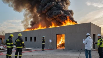 Et bilde av en ildprøve som utføres på et byggemateriale, med flammer og røyk synlig, og et team av eksperter som observerer og tar notater.