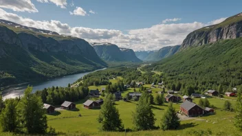 Et malerisk landskap i Norge med en liten landsby i det fjerne, omgitt av fjell og skog.