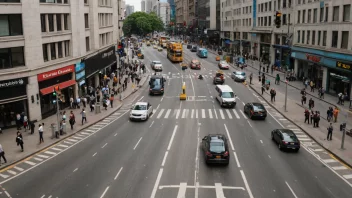 En travel korsvei med biler, busser og fotgjengere, med trafikklys og skilt for å regulere trafikken.