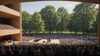 En dagkonsert i en vakker konsertsal med et stort vindu som viser en park utenfor