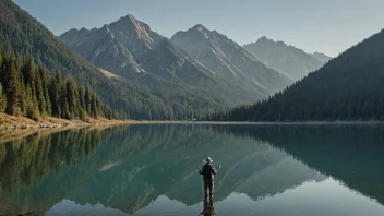 En fredelig scene av en person som fisker med en fiskestang i en innsjø omgitt av fjell