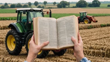 En person leser en ordbok med jordbruksbegreper, med en traktor og åkre i bakgrunnen.