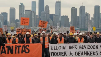 En gruppe arbeidere som protesterer med skilt og bannere, med en by i bakgrunnen.