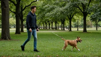 En person som går en hund i en park, med grønt gress og trær i bakgrunnen