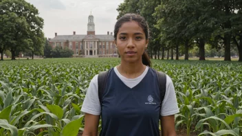 En person studerer agronomi i et jorde med avlinger og en universitetsbygning i bakgrunnen.