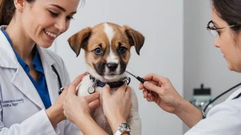 En veterinær som tar seg av en valp.