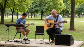 En musiker som spiller gitar på en liten scene i en park med noen få mennesker som ser på