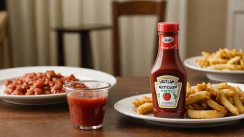 En flaske ketchup på et bord.