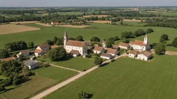 En pittoresk bygd på landsbygda med noen hus, en kirke og en gård.