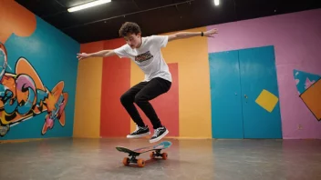 En person som utfører et freestyle-triks på et skateboard i en fargerik og dynamisk omgivelse