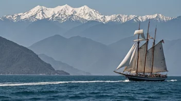 En stor båt som seiler på havet med fjell i bakgrunnen