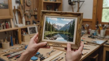 En person som holder et bilderramme med et vakkert landskapsfoto.