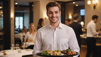 En servitør som serverer mat og drikke på en restaurant.