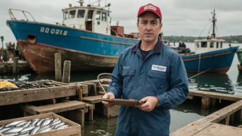 En fiskeoppkjøper som inspekterer en kasse fisk på en brygge.