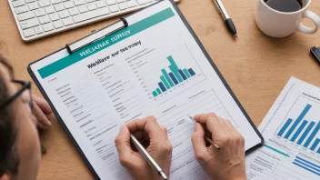 En illustrasjon av en person som fyller ut en spørreundersøkelse, med en bakgrunn av diagrammer og grafer som viser resultatene av en velferdsundersøkelse.