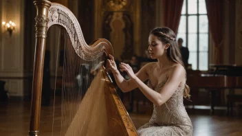 En harpevirtuos som spiller en vakker melodi på en stor harpe i en konsertsal.