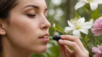 En person som lukter på en blomst, med en forstørret illustrasjon av luktesystemet i bakgrunnen