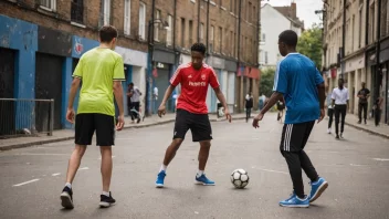 En gruppe unge mennesker som spiller gatfotball i en bymessig setting