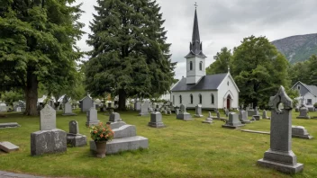 En tradisjonell norsk gravplass med gamle gravsteiner og en kirke i bakgrunnen.