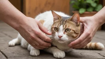 En person kjæler en katt, med en bakgrunn av dyrevelferdsorganisasjoner og lover.