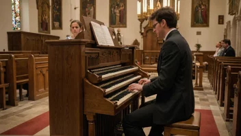 En person spiller orgel i en kirke, med en lærer som veileder dem.