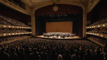 En konsertsal med en stor scene og et fullsatt publikum som nyter en musikalsk forestilling.