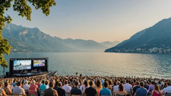 Montreuxfestivalens scene mot den storslåtte innsjøen Genèvesjøen, med en levende konsert av et kjent jazzband.