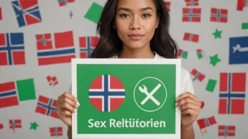 Et bilde som representerer begrepet 'seksuallovlig' på norsk, med en person som holder et skilt som indikerer godkjenning, omgitt av symboler for sex og forhold.