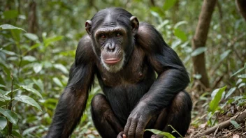 En chimpanse som sitter på en gren i en frodig skog.