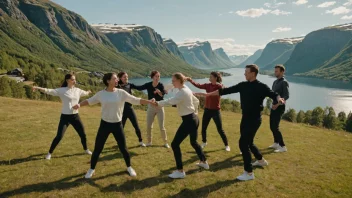 En gruppe mennesker danser i en sirkel, med en blanding av tradisjonelle og moderne dansebevegelser.