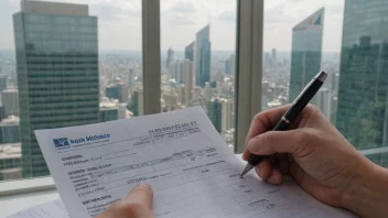 En person holder en pen og et papir med en bankremisse i bakgrunnen, noe som indikerer en finansiell transaksjon.