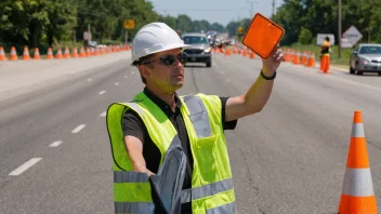 En person i refleksvest, som dirigerer trafikk eller overvåker veiarbeid, med en bakgrunn av en vei eller byggeplass