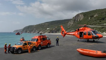 En redningsbase med en helikopter og redningsbåter, personale i redningsutstyr, og en kystlandskap i bakgrunnen.