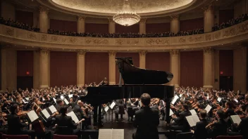 Et fredelig klassisk musikk-scene med et stort piano og et symfoniorkester.