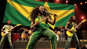 Et reggaeband som spiller på scenen med et jamaicansk flagg i bakgrunnen.