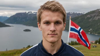 Et bilde av en person med etternavnet Ødegaard, med et norsk flagg eller landskap i bakgrunnen