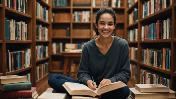 En person som leser i et bibliotek med stor glede.