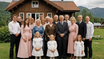 En familie med etternavnet Nilsson foran et tradisjonelt norsk hus.